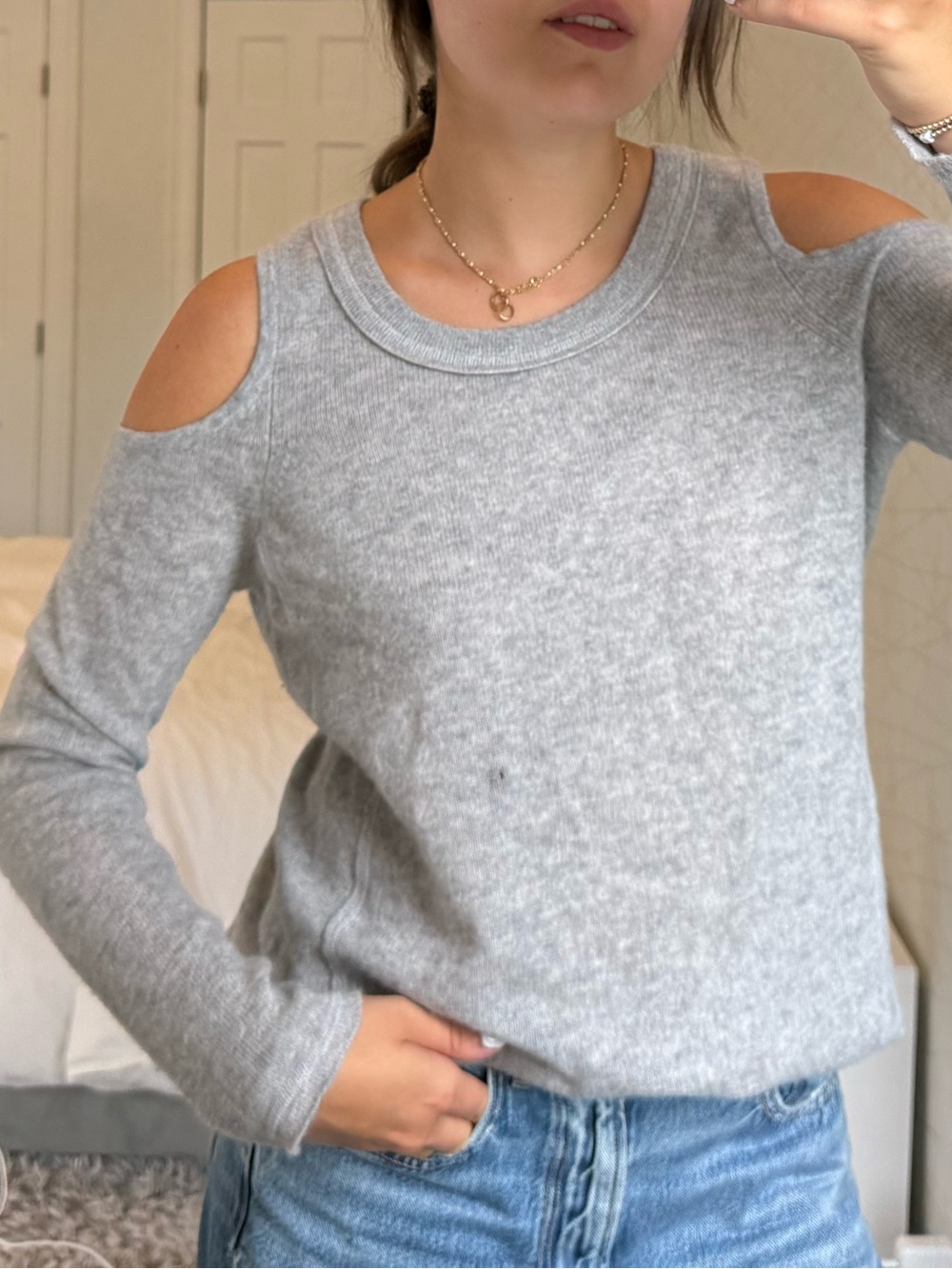 Gray Cold-Shoulder Knit Sweater - Women